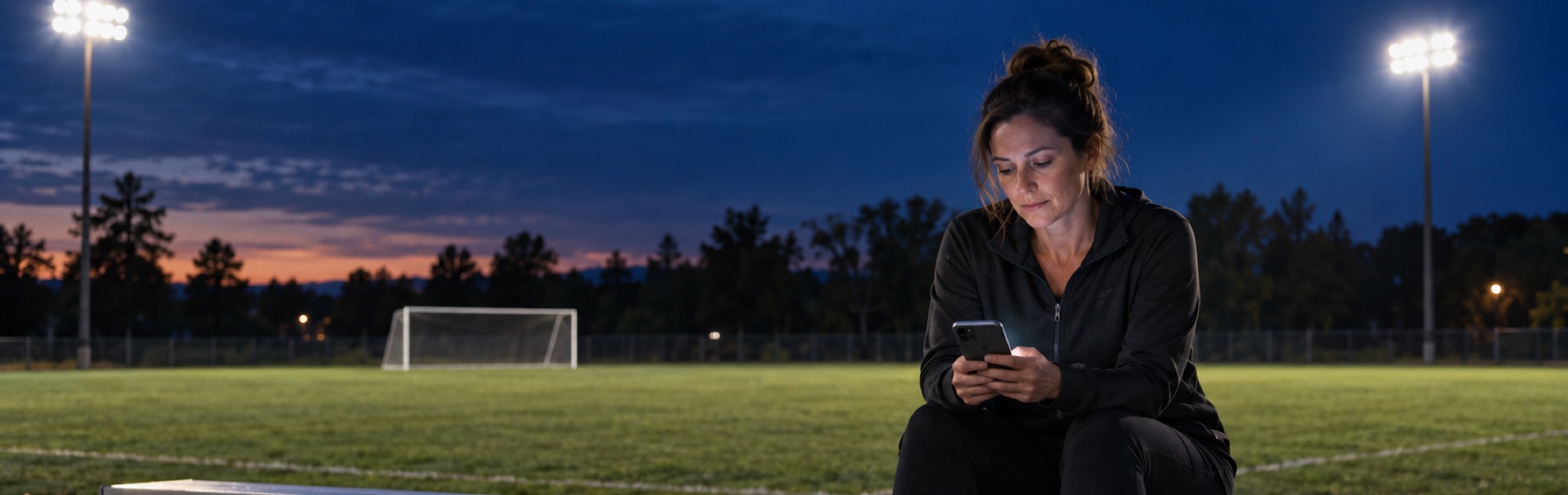 Youth league volunteer checking her phone in the bleachers under stadium lights after practice