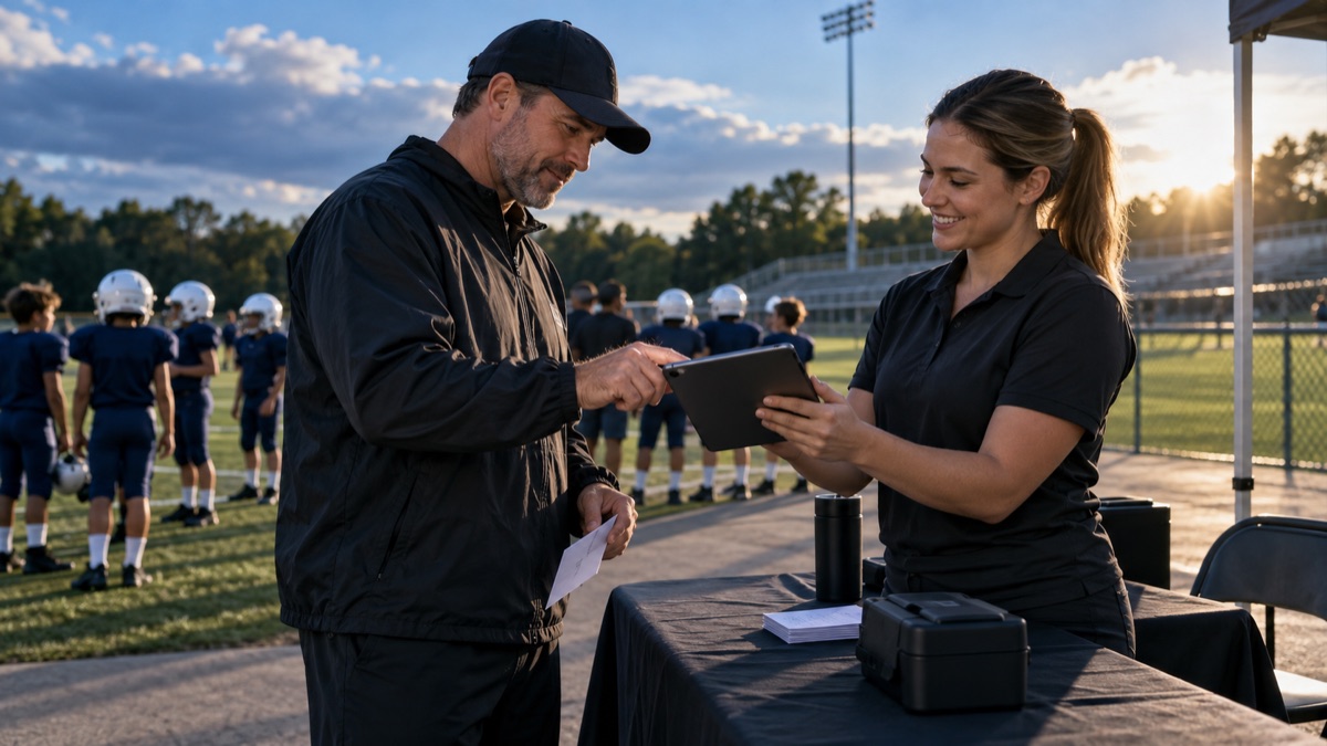 Lead Generation for Sports Photographers Starts on Picture Day 3 Staff Member Capturing A Football Coach'S Contact Details On A Tablet At A Picture Day Table