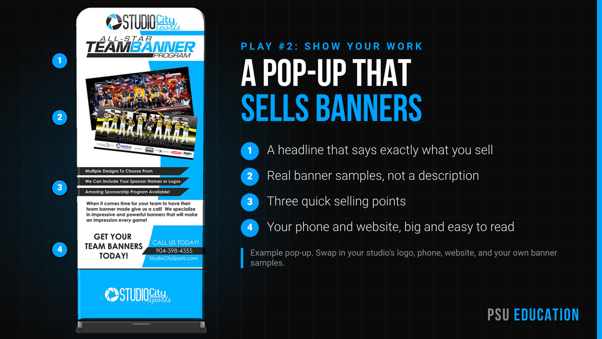 Lead Generation for Sports Photographers Starts on Picture Day 2 All-Star Team Banner Program Pop-Up Banner With Banner Samples, Selling Points, And Contact Info